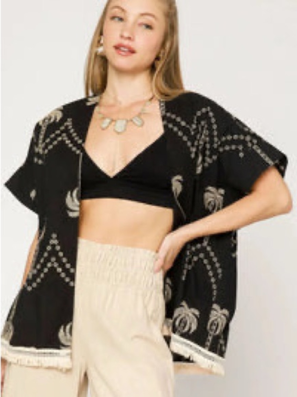 Umgee Black Embroidered Fringe  Palm Tree Kimomo